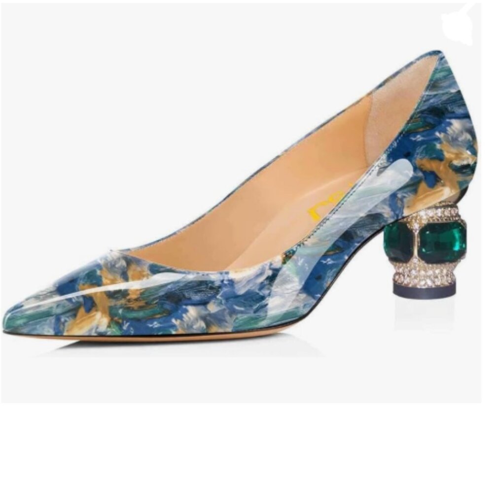 FSJ Blue Floral Bridal Pointed Toe Low Heel Crystal Pumps Slip on Wedding Shoes